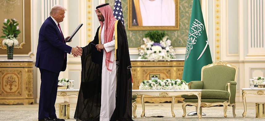 U.S. President Donald J. Trump and Saudi Crown Prince Mohammed bin Salman a signing ceremony at the Saudi Royal Court on May 13, 2025, in Riyadh, Saudi Arabia.
