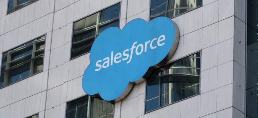 Close-up of Salesforce logo on the exterior of an office building, San Francisco, California, August 20, 2024.