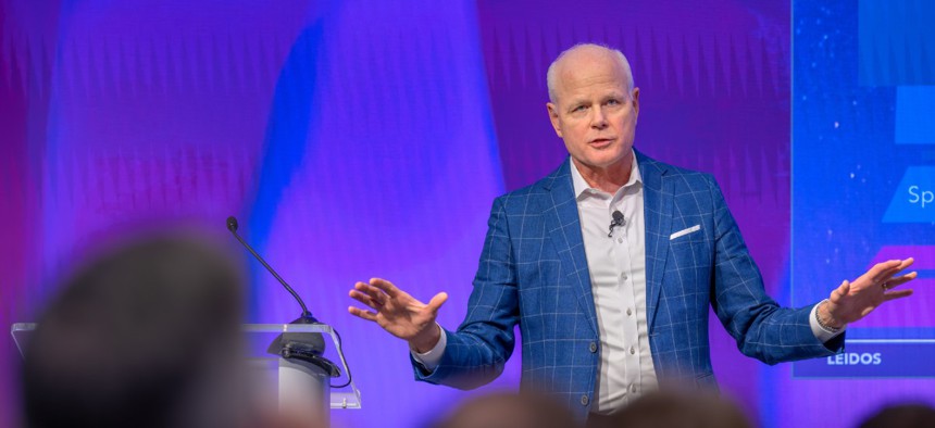 Tom Bell, CEO of Leidos, speaking at company town hall earlier this month.