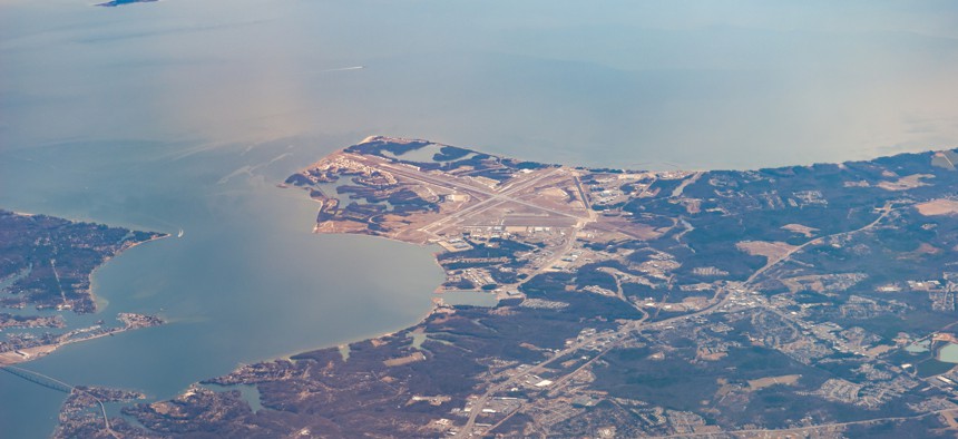 An aerial view of Patuxent River Naval Air Station, Maryland