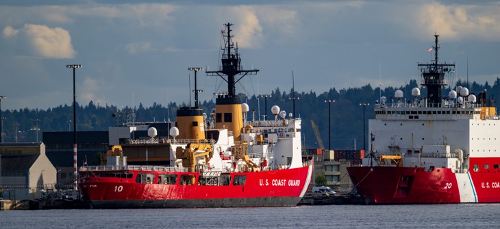 Coast Guard vessels in port at Seattle being readied for their next mission.