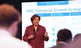 SAIC CEO Toni Townes-Whitley briefs 2024 Investor Day attendees on the company's strategy. 