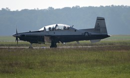 A student and instructor pilot taxi a T-6 plane at Columbus Air Force Base, Mississippi.