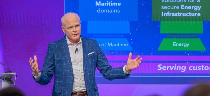 Leidos' CEO Tom Bell speaking at a Town Hall event in May at Leidos' corporate headquarters.