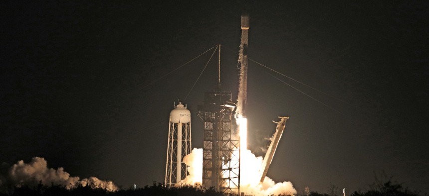 Intuitive Machines' Athena lander lifting off via a SpaceX Falcon 9 rocket from NASA's Kennedy Space Center in February.