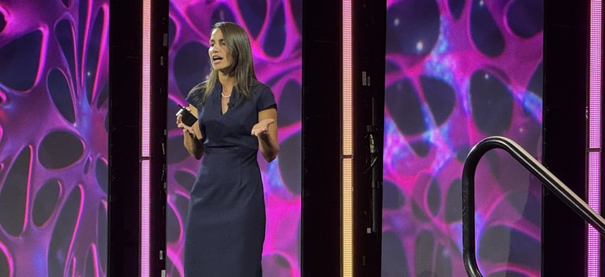Bailey Bickley, chief of Defense Industrial Base defense at the NSA Cybersecurity Collaboration Center, speaks Aug. 6 at Black Hat in Las Vegas, Nevada.