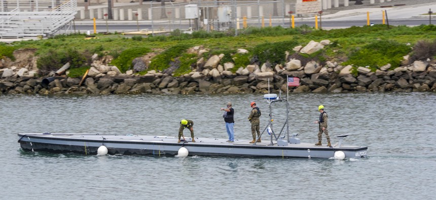 A Leidos-designed autonomous low-profile vessel in the Del Mar Boat Basin at Camp Pendleton, Calif., Feb. 25, 2024.
