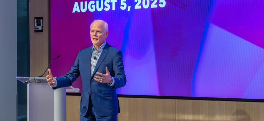 Leidos' CEO Tom Bell speaking at an Aug. 5 Town Hall event at Leidos' corporate headquarters in Reston, Virginia.