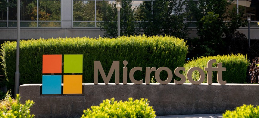 Microsoft's logo at its global headquarters in Redmond, Washington.