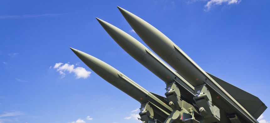 A set of U.S. MIM-23 Hawk anti-aircraft missiles ready to launch.