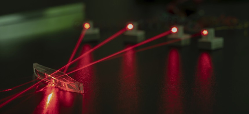 A laser experiment in a photonics lab.