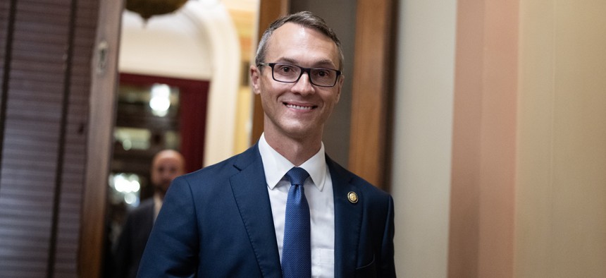 Rep. James Walkinshaw, D-Va., arrives for his swearing in ceremony with Speaker of the House Mike Johnson, R-La., in the U.S. Capitol after he was sworn in on the House floor on Wednesday, September 10, 2025.