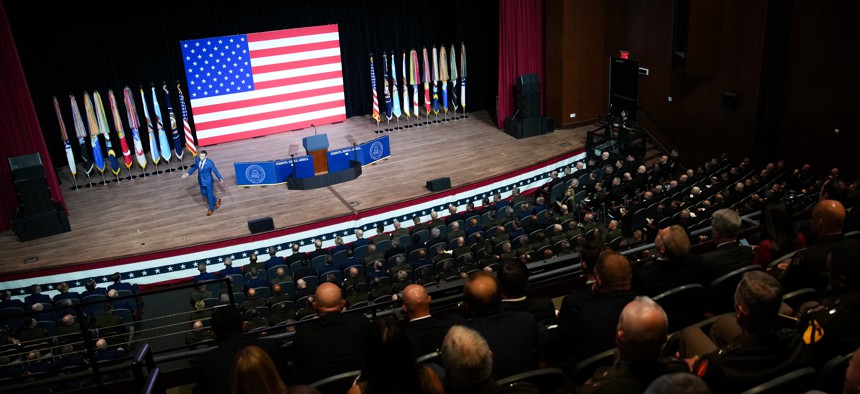 Defense Secretary Pete Hegseth addresses senior military officers at Marine Corps Base Quantico in Quantico, Virginia, on Sept. 30, 2025.