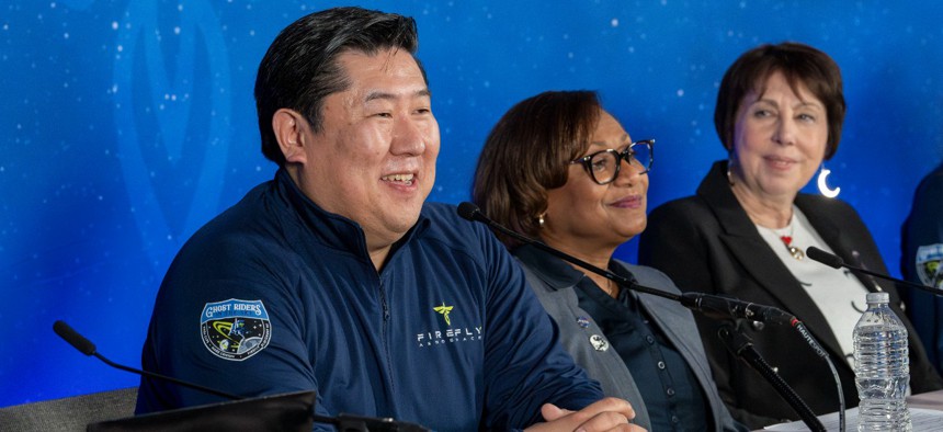 Left to right: Jason Kim, CEO of Firefly Aerospace, Vanessa Wyche, acting associate administrator of NASA, and Nicky Fox, associate administrator for NASA's Science Mission Directorate, participating in a post-Blue Ghost landing event panel discussion on March 2 in Cedar Park, Texas.