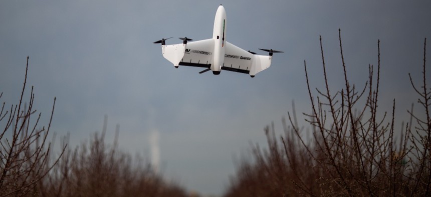 A Quantix drone made by AeroVironment being demonstrated annual 52nd World Ag Expo on Feb. 12, 2019 in Tulare, California. 