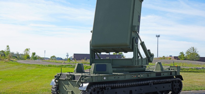 An Epirus Leonidas counter-drone microwave mounted on the General Dynamics TRX tracked vehicle.