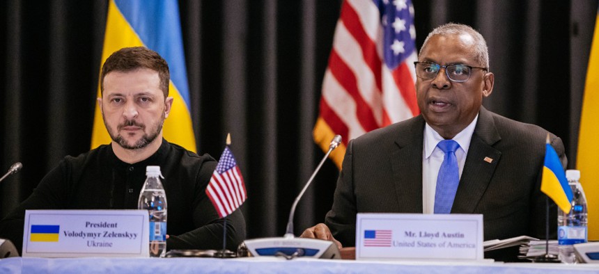 Then Secretary of Defense Lloyd Austin meeting with Ukrainian President Volodymyr Zelenskyy in January 2025.