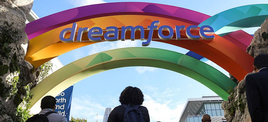 Crowds enter the Dreamforce conference at the Moscone Center on Howard Street in San Francisco, California Tuesday, Oct. 14, 2025.