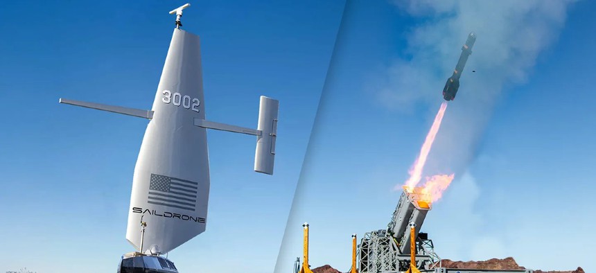 A side-by-side of a Saildrone vessel and a Lockheed Martin missile launcher.