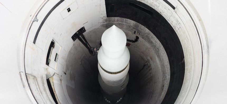 A Minuteman missile on display at the Minuteman Missile National Historic Site in western South Dakota.