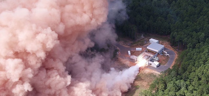 L3Harris’ advanced large solid rocket motor eSR-73 is hot fire tested at the company’s Camden, Arkansas site.