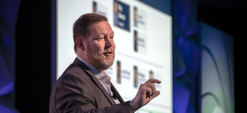 Roy Stevens, president of Leidos’ homeland security sector, speaking at the Leidos leadership summit in 2023.