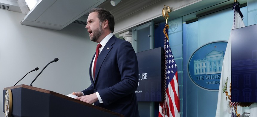 Vice President JD Vance speaks during a news briefing in the James S. Brady Press Briefing Room of the White House on January 08, 2026 to address several topics including the welfare fraud scandal in Minnesota.