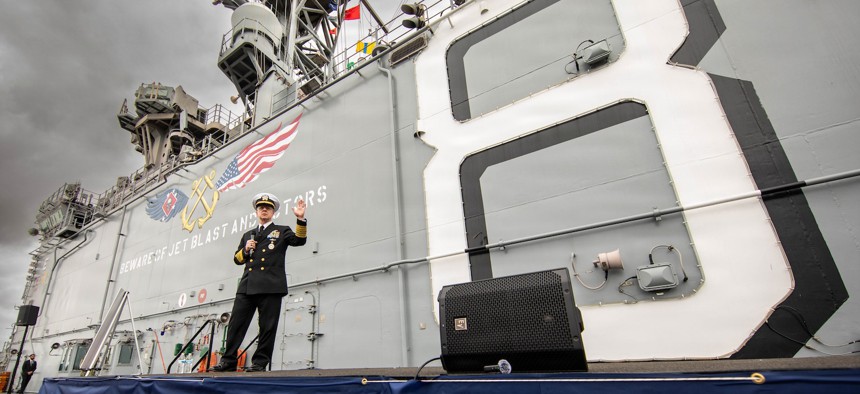 Chief of Naval Operations Adm. Daryl Caudle addresses sailors aboard the USS Makin Island, Feb. 10, 2026. 