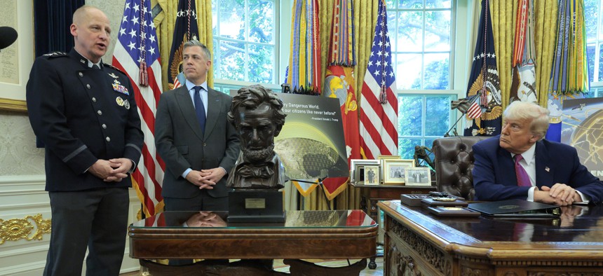 WASHINGTON, DC - MAY 20: Space Force General Michael Guetlein, speaks alongside Rep. Jim Banks (R-IN) and U.S. President Donald Trump in the Oval Office at the White House on May 20, 2025.