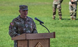 Maj. Gen. Patrick J. Ellis, commanding general of the 4th Infantry Division and Fort Carson, speaks to the audience during the division’s change of command ceremony at Founder’s Field on Fort Carson, Colorado, June 18, 2025. 