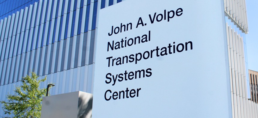 Signage outside the Volpe Center in Cambridge, Massachusetts.