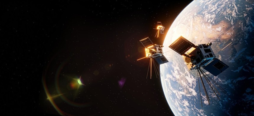 An artist rendering of a HawkEye 360 satellite cluster.