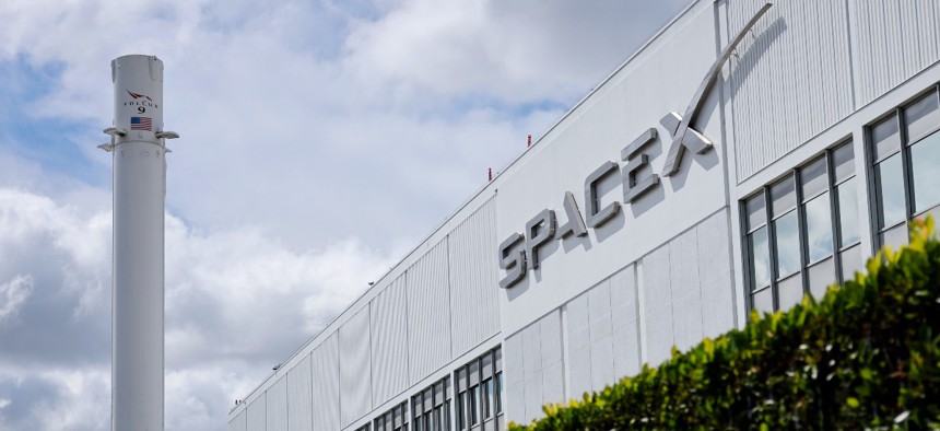 A SpaceX Falcon 9 rocket is displayed at a SpaceX facility on April 2 in Hawthorne, California.