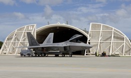 An F-22 Raptor outside its hardened shelter at Kadena Air Base in Okinawa.