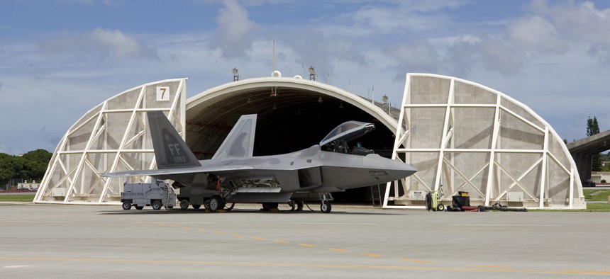 An F-22 Raptor outside its hardened shelter at Kadena Air Base in Okinawa.