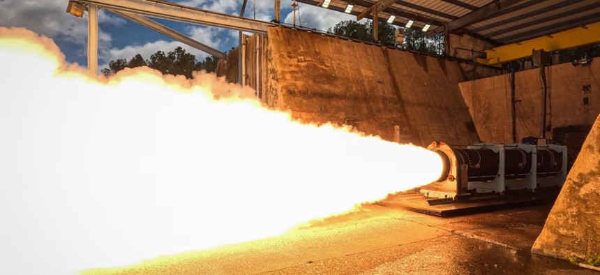 A Zeus motor is hot fire tested at L3Harris’ Camden, Arkansas solid rocket motor production site.