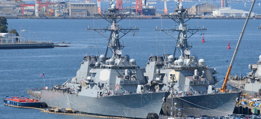 A pair of Arleigh Burke-class destroyers docked in Kanagawa, Japan.