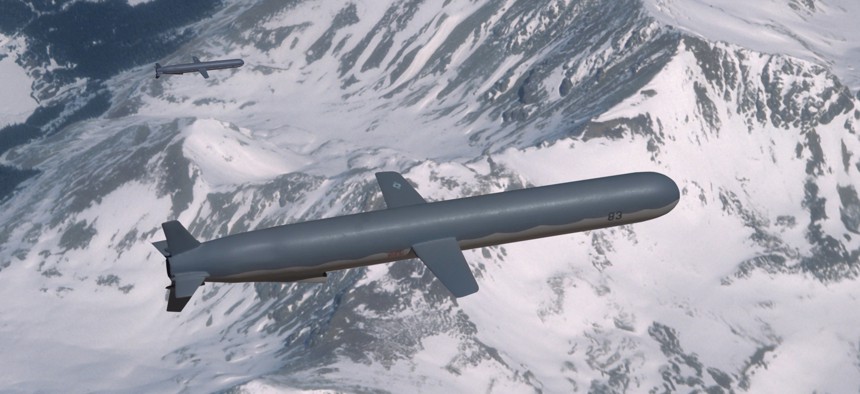 A pair of Tomahawk cruise missiles in flight.