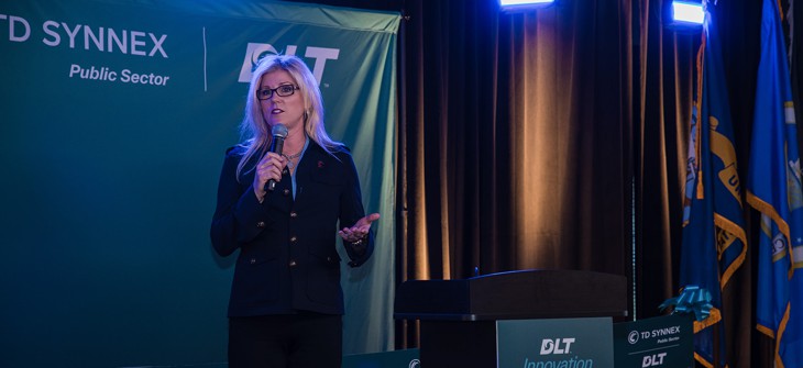Wendy Welch speaking at the recent opening of the DLT Innovation Center in Herndon, Virginia.