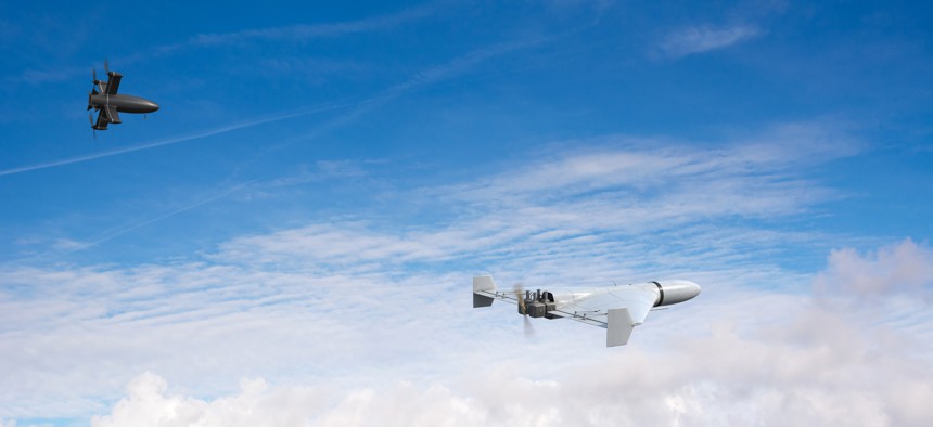 An interceptor drone pursues a kamikaze drone in the sky. (Digitally Generated Image)