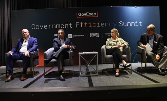 Rocky Thurston, CEO of DMI, Anirudh Kulkarni, CEO of CVP Corp., and Stephanie Kostro, president of PSC offer advice to industry during a session of the Government Efficiency Summit.