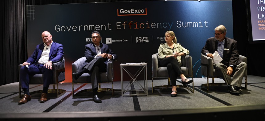 Rocky Thurston, CEO of DMI, Anirudh Kulkarni, CEO of CVP Corp., and Stephanie Kostro, president of PSC offer advice to industry during a session of the Government Efficiency Summit.