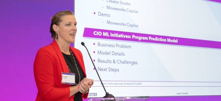 Leidos CIO Alexandra Guenther speaking at a company AI event in 2024.