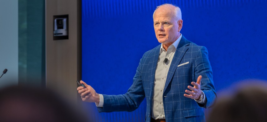 Leidos chief executive Tom Bell speaking to the company's CEO Town Hall event in May at its Reston, Virginia corporate headquarters.