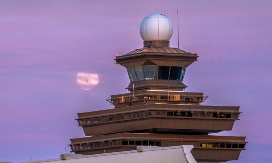 The air traffic control tower at Washington Dulles International Airport in May 2025.