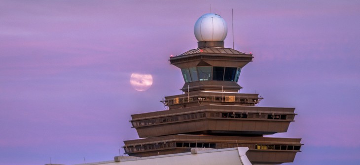 The air traffic control tower at Washington Dulles International Airport in May 2025.