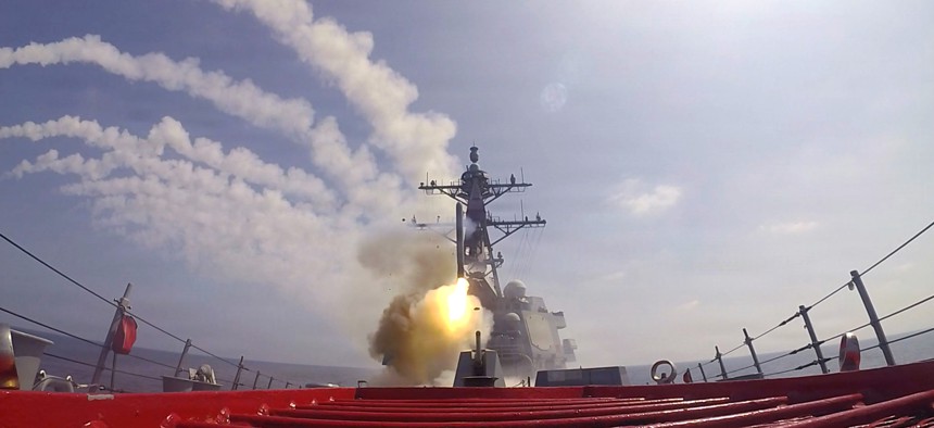 Arleigh Burke-class guided-missile destroyer USS Frank E. Petersen Jr. fires a Tomahawk Land Attack Missile during operations in support of Operation Epic Fury against Iran.