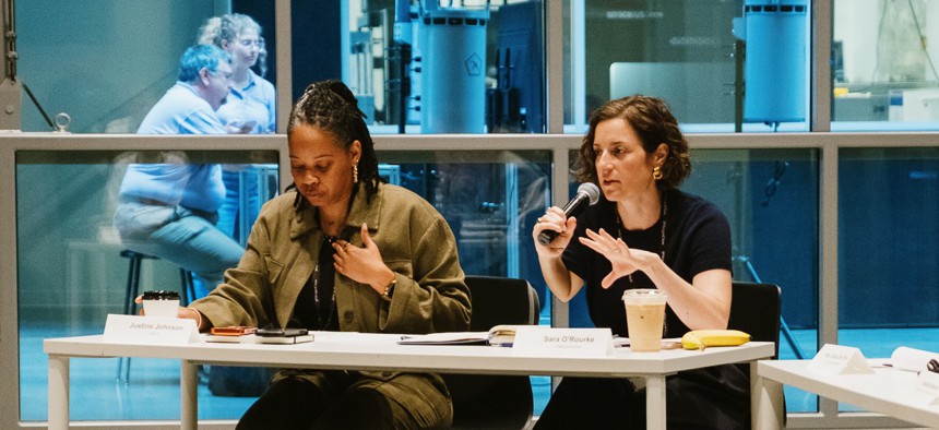(Pictured left to right) Justine Johnson, chief mobility officer at the Michigan Economic Development Corporation -- and Sara O'Rourke, managing director of SRI Solutions at JPMorgan Chase.