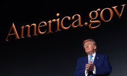 President Donald Trump applauds on stage during the America.gov launch event at Andrew W. Mellon Auditorium on September 29, 2026 in Washington, DC. 