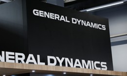 General Dynamics' logo on display at the International Defence Industry Exhibition in September 2025 in Kielce, Poland.